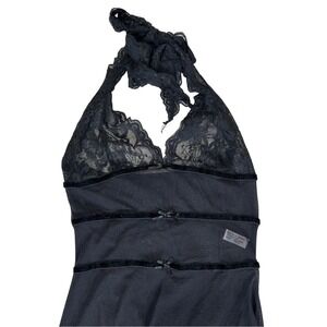 Vintage Leg Avenue Black Lace Halter Maxi Dress Sheer Velvet Bows Coquette Small